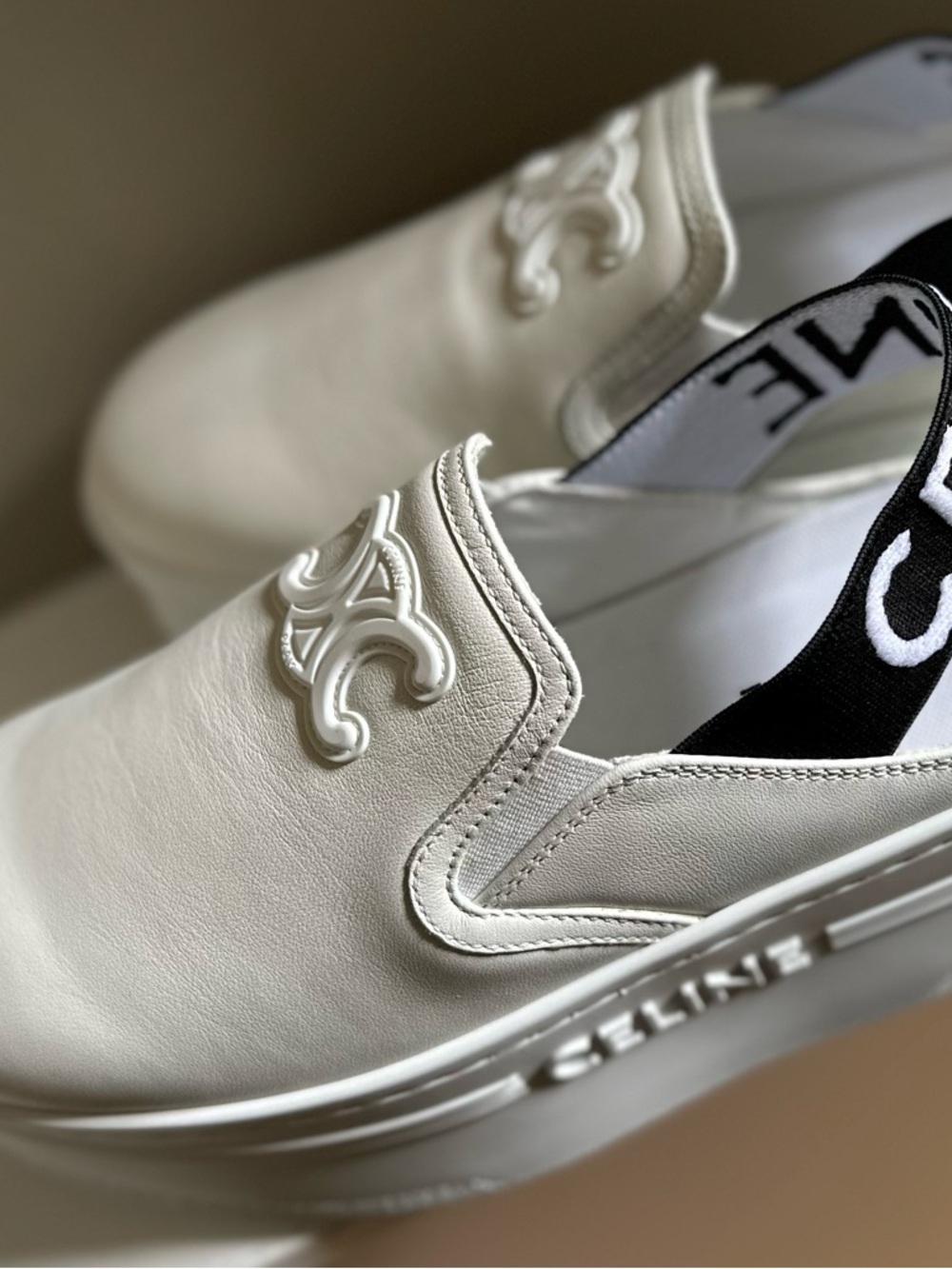 Celine White Leather Platform Slip-On with Black Logo Heel Strap - Picture 9 of 14